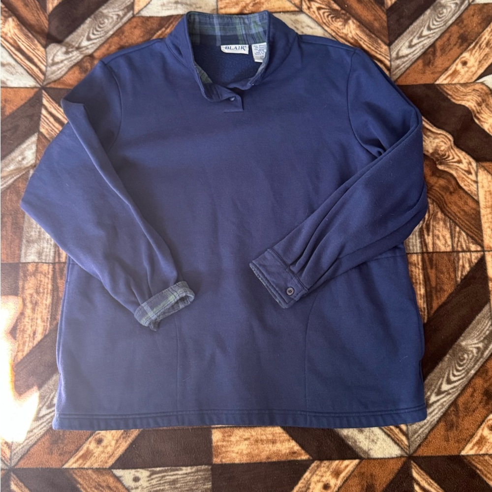 Blair Navy Blue Crewneck Sweater with Plaid Trim